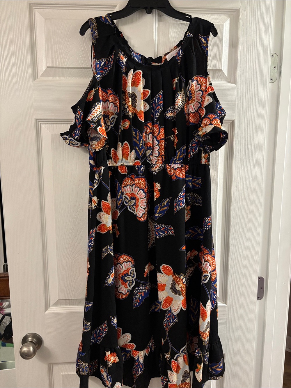 Black Floral Cold-Shoulder Mini Dress with Orange and Cream Blooms